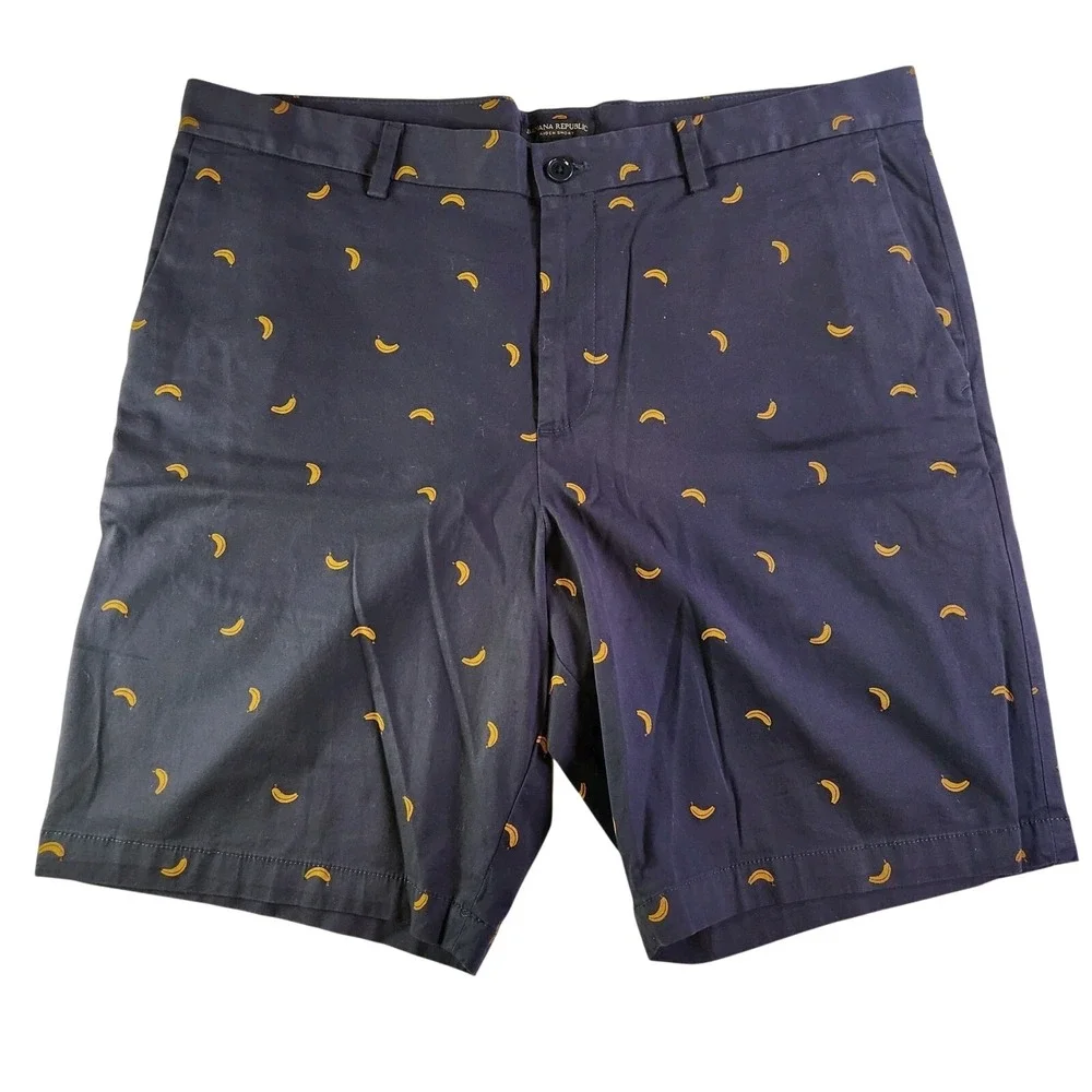 BANANA REPUBLIC Chino Shorts Mens 36 Navy‎ Yellow Banana Print Graphic 9